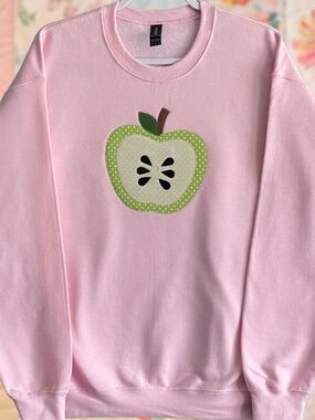 Green Polka Dot Apple Patchwork Embroidered Medium Pink Crewneck Sweatshirt